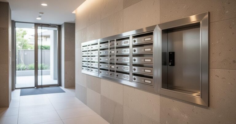 Une rangée de boîtes aux lettres en acier inoxydable est fixée sur un mur carrelé dans le hall d'entrée d'un immeuble d'habitation moderne, avec, en arrière-plan, les portes d'entrée vitrées.