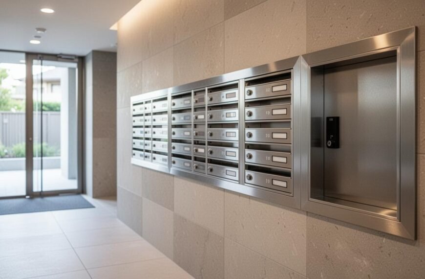 Une rangée de boîtes aux lettres en acier inoxydable est fixée sur un mur carrelé dans le hall d'entrée d'un immeuble d'habitation moderne, avec, en arrière-plan, les portes d'entrée vitrées.