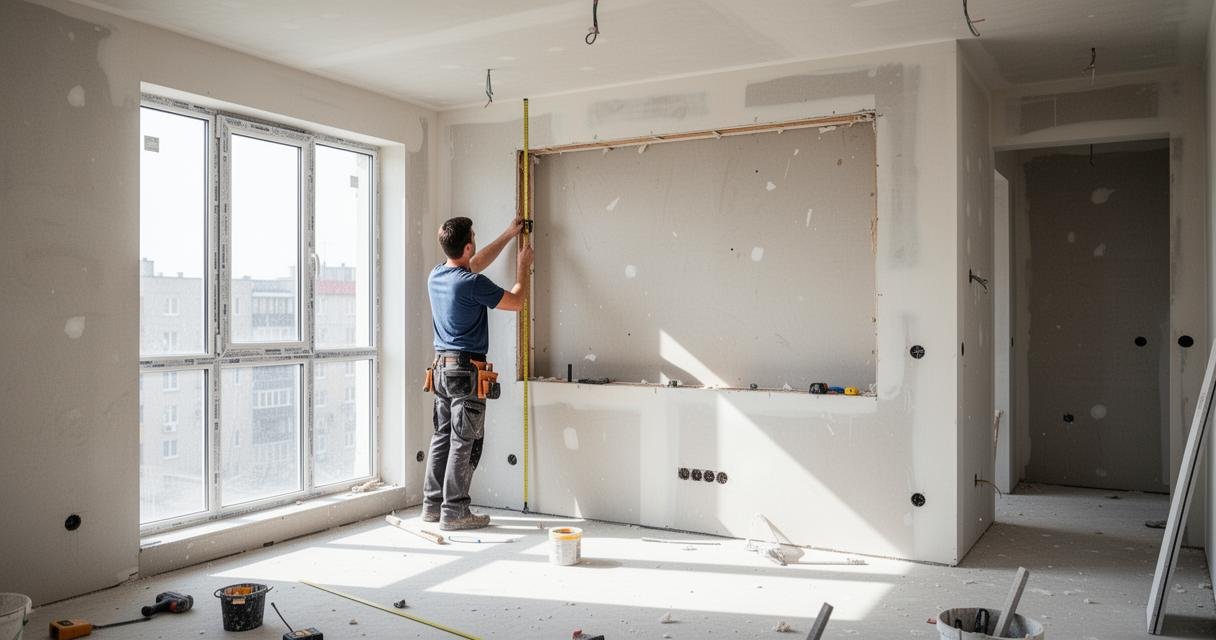 Un ouvrier du bâtiment utilise un mètre ruban sur un mur dans une pièce en cours de rénovation.