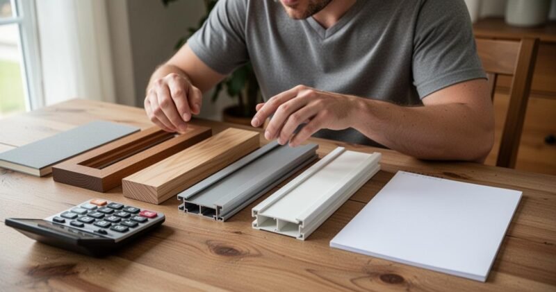 Une personne assise à une table en bois, devant des échantillons de châssis de fenêtre, une calculatrice et un bloc-notes.