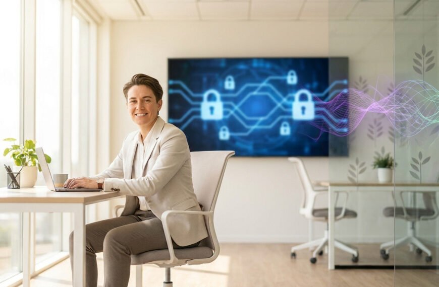 Une professionnelle travaillant sur un ordinateur devant un écran affichant des symboles numériques de cybersécurité.