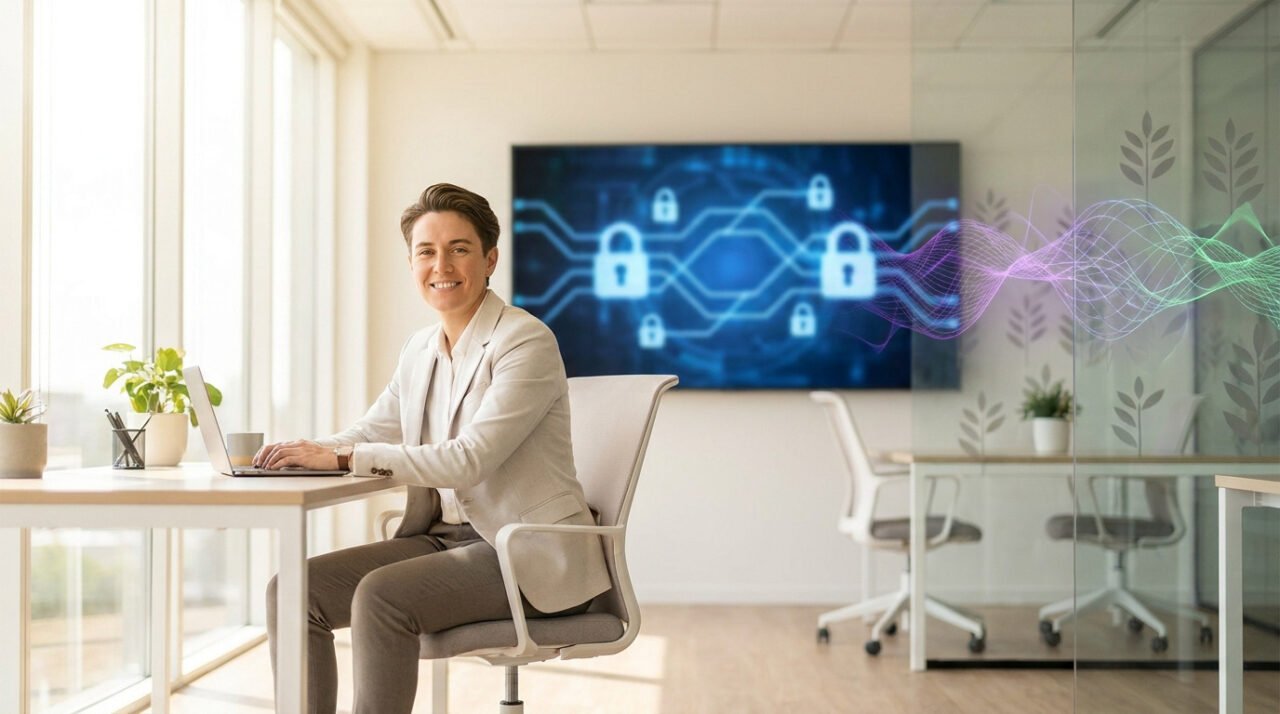 Une professionnelle travaillant sur un ordinateur devant un écran affichant des symboles numériques de cybersécurité.