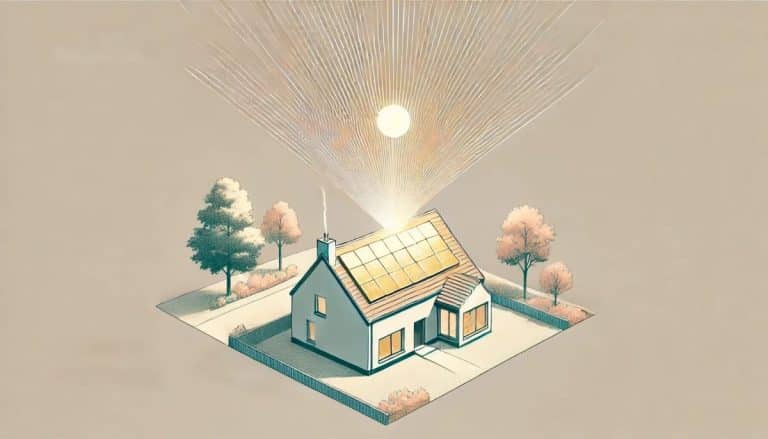Illustration d'une maison avec des panneaux solaires sur le toit. Les rayons du soleil frappent les panneaux. Entourée d'arbres et d'une petite cour.