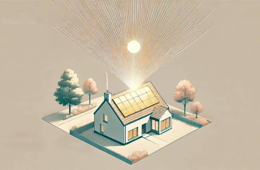 Illustration d'une maison avec des panneaux solaires sur le toit. Les rayons du soleil frappent les panneaux. Entourée d'arbres et d'une petite cour.