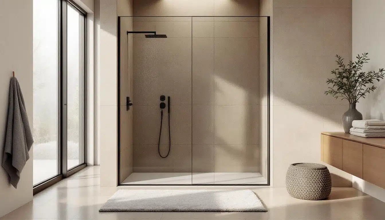 Salle de bains moderne avec une douche à l'italienne vitrée, des accessoires noirs, une grande fenêtre, un tapis moelleux, un panier tressé et un meuble en bois contenant des serviettes pliées et une plante.