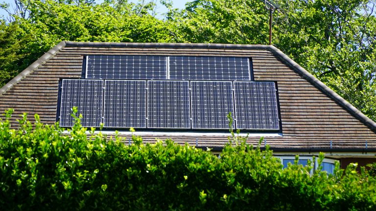 Plusieurs panneaux solaires sont installés sur le toit incliné d'une maison, partiellement obscurci par des buissons verts, avec des arbres et un ciel bleu en arrière plan.