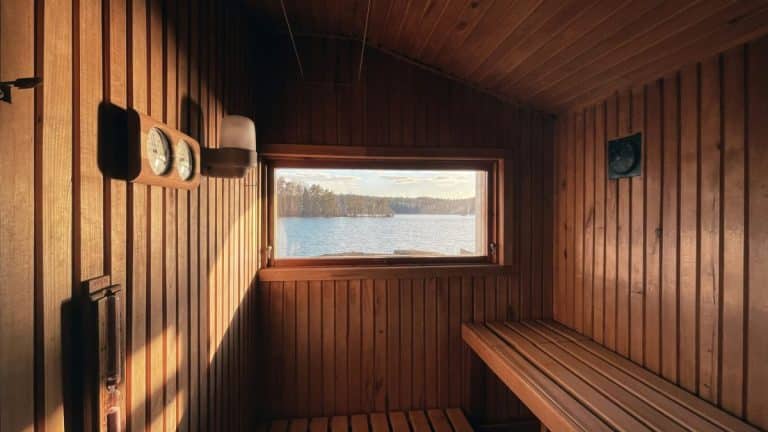 Un intérieur de sauna en bois avec une fenêtre offrant une vue sur un lac serein et un rivage boisé. Des bancs sont placés le long des murs et des instruments de sauna sont montés à côté de la fenêtre.