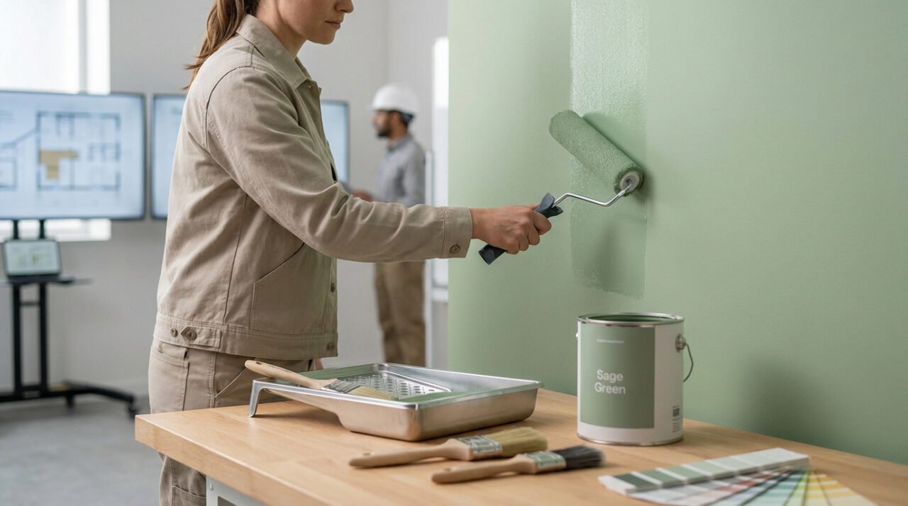 Une personne utilisant un rouleau pour peindre un mur en vert sauge lors d'une formation professionnelle de bricolage.