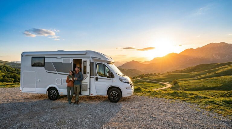 Couple en camping-car Rimor, admirant un magnifique coucher de soleil sur des montagnes verdoyantes. Route sinueuse en arrière-plan.
