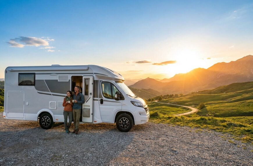Couple en camping-car Rimor, admirant un magnifique coucher de soleil sur des montagnes verdoyantes. Route sinueuse en arrière-plan.