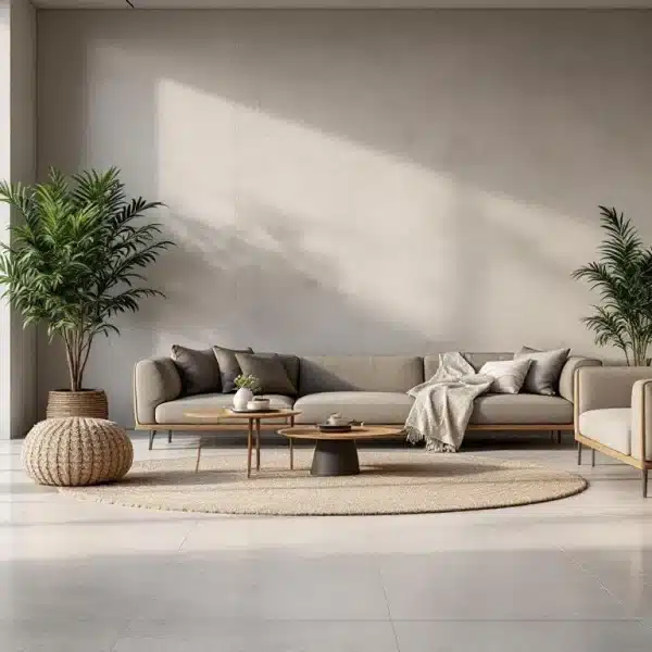 Salon moderne avec de grandes fenêtres, des meubles aux tons neutres, deux plantes en pot, un tapis rond et une décoration minimaliste sur les étagères et les murs. L'espace est largement éclairé par la lumière naturelle.