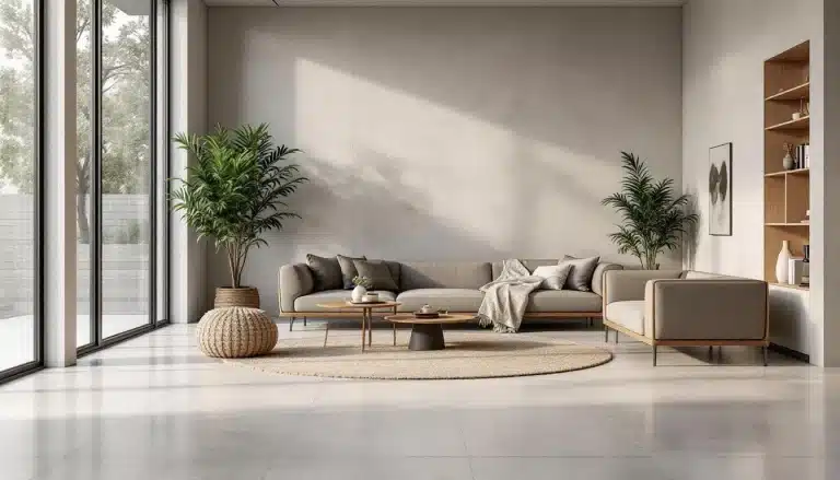 Salon moderne avec de grandes fenêtres, des meubles aux tons neutres, deux plantes en pot, un tapis rond et une décoration minimaliste sur les étagères et les murs. L'espace est largement éclairé par la lumière naturelle.