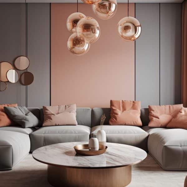 Salon moderne avec un grand canapé gris, des coussins couleur pêche et une table basse en marbre. Des suspensions en cuivre sont suspendues au dessus. Une lumière douce filtre à travers des rideaux allant du sol au plafond.