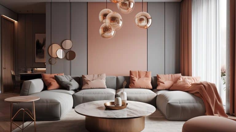 Salon moderne avec un grand canapé gris, des coussins couleur pêche et une table basse en marbre. Des suspensions en cuivre sont suspendues au dessus. Une lumière douce filtre à travers des rideaux allant du sol au plafond.
