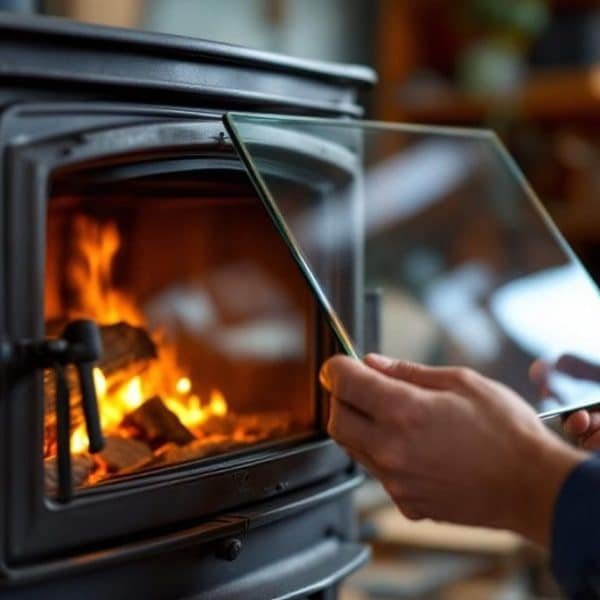 Une personne place ou retire une porte vitrée sur un poêle à bois avec un feu à l'intérieur, dans un environnement intérieur confortable.