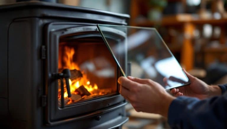 Une personne place ou retire une porte vitrée sur un poêle à bois avec un feu à l'intérieur, dans un environnement intérieur confortable.