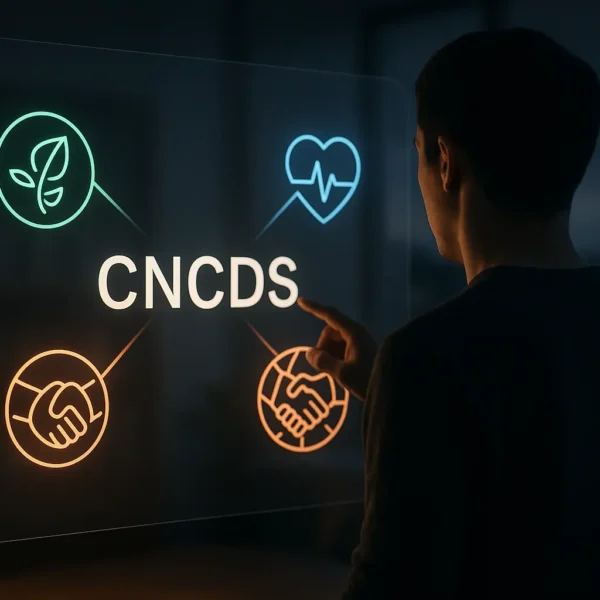 Une personne interagit avec un écran numérique transparent affichant l'acronyme "CNCDS" et quatre icônes représentant la santé, l'environnement, le partenariat et le bien être.
