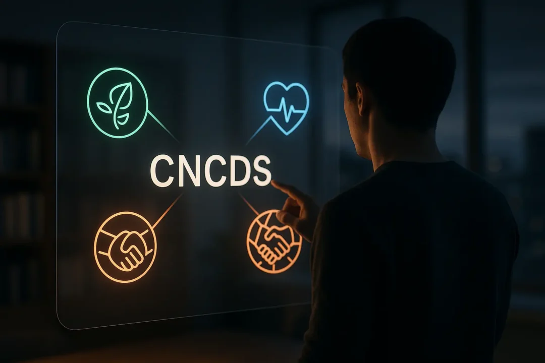 Une personne interagit avec un écran numérique transparent affichant l'acronyme "CNCDS" et quatre icônes représentant la santé, l'environnement, le partenariat et le bien être.