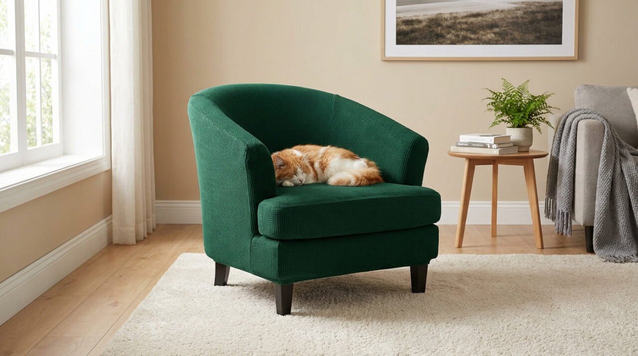 Un chat roux et blanc dort paisiblement sur un fauteuil crapaud recouvert d'une housse en tissu texturé vert forêt.