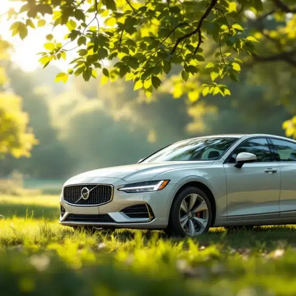 Une berline Volvo argentée est garée sur l'herbe dans un parc ensoleillé, entouré d'arbres verts et de rayons de soleil.
