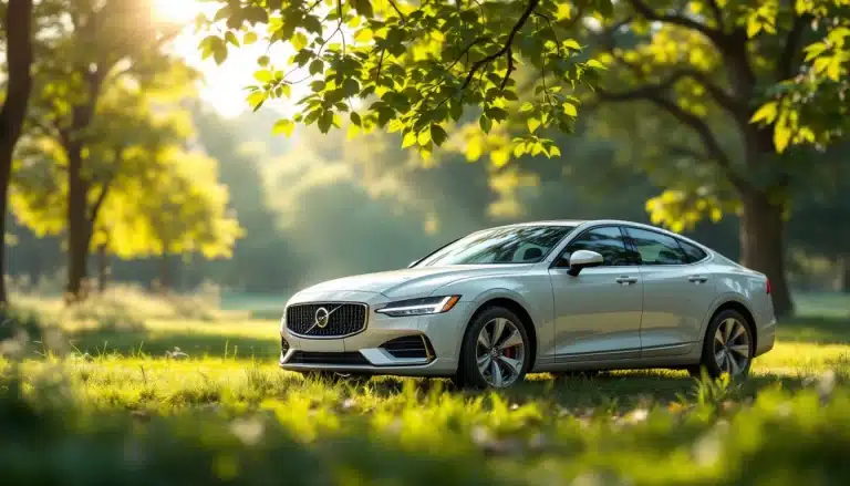Une berline Volvo argentée est garée sur l'herbe dans un parc ensoleillé, entouré d'arbres verts et de rayons de soleil.