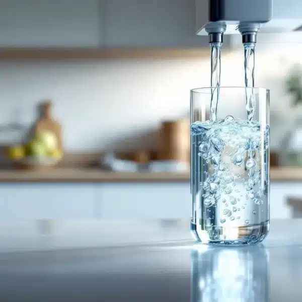 Un verre rempli d'eau à partir d'un distributeur à double robinet sur un comptoir de cuisine, avec un arrière plan flou d'articles de cuisine et de plantes.