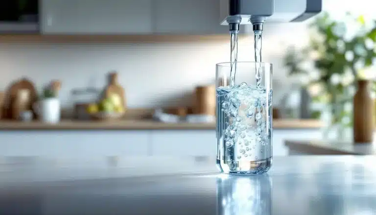 Un verre rempli d'eau à partir d'un distributeur à double robinet sur un comptoir de cuisine, avec un arrière plan flou d'articles de cuisine et de plantes.