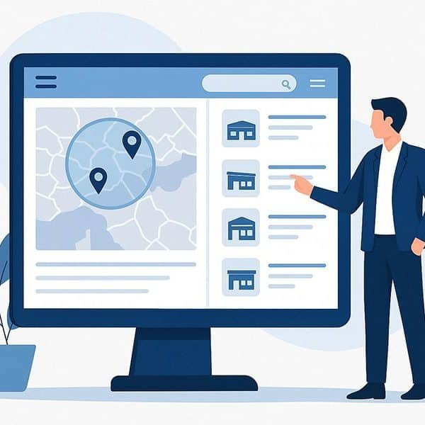 Une personne en tenue professionnelle pointe du doigt un grand écran d'ordinateur affichant une carte avec des repères de localisation et une liste d'icônes de propriété.
