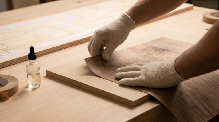 Mains gantées appliquant délicatement un placage de bois foncé sur un support. Flacon compte-gouttes et ruban adhésif visibles.