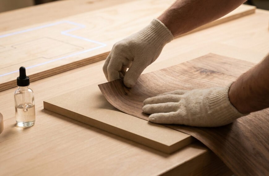 Mains gantées appliquant délicatement un placage de bois foncé sur un support. Flacon compte-gouttes et ruban adhésif visibles.