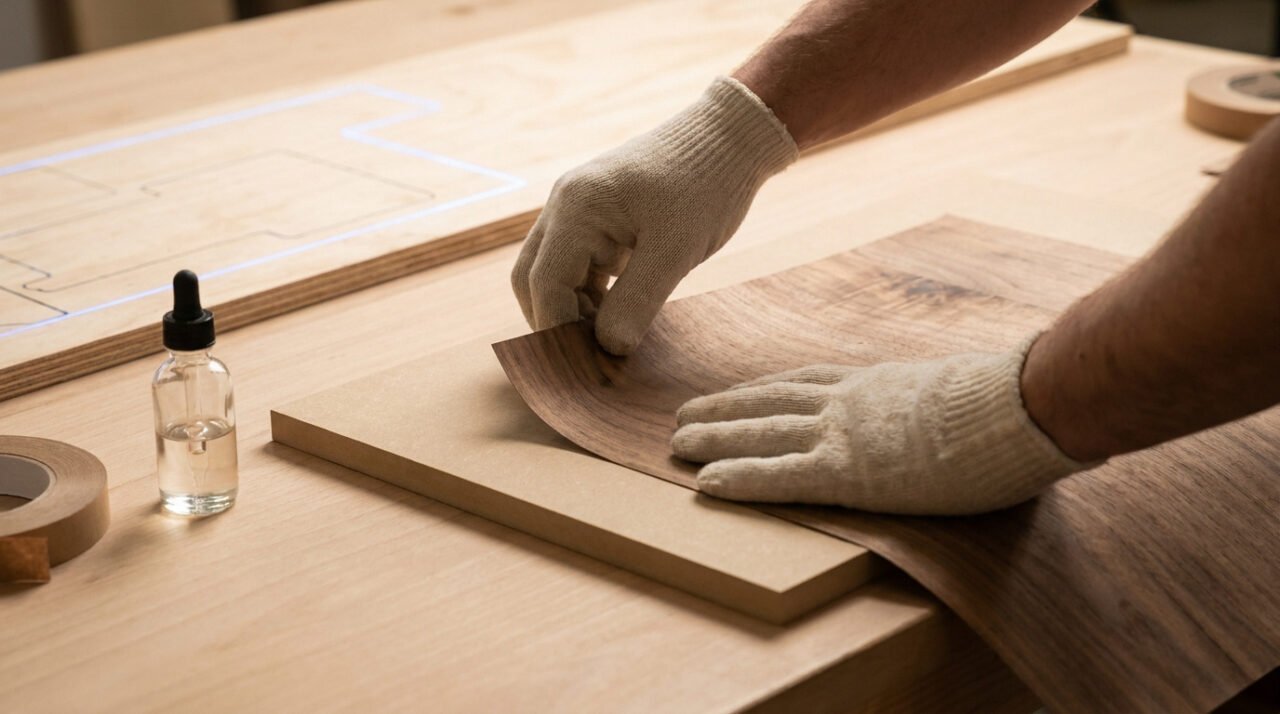 Mains gantées appliquant délicatement un placage de bois foncé sur un support. Flacon compte-gouttes et ruban adhésif visibles.