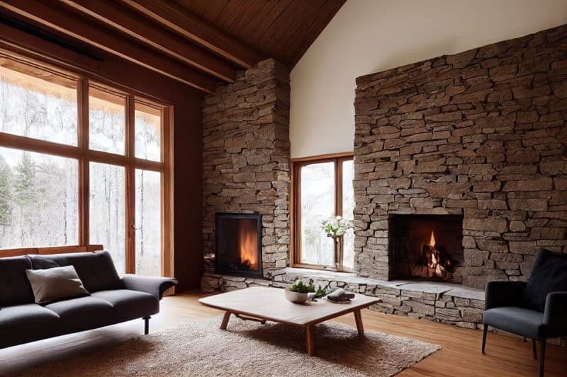 Salon chaleureux avec cheminée en pierre, plafond en bois, grandes fenêtres et un canapé gris moderne. Table basse centrée sur un tapis beige, avec vue sur l'extérieur à travers les fenêtres.