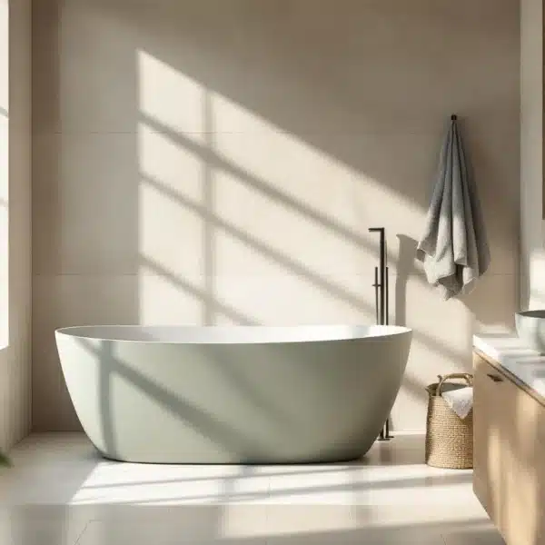 Salle de bains moderne avec une baignoire autoportante, un miroir rond, un lavabo mural, des armoires en bois, une plante en pot et une serviette accrochée au mur, éclairée par de grandes fenêtres.