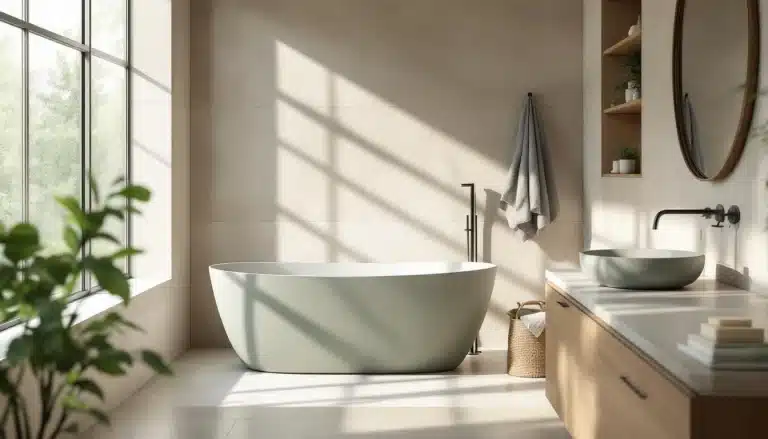 Salle de bains moderne avec une baignoire autoportante, un miroir rond, un lavabo mural, des armoires en bois, une plante en pot et une serviette accrochée au mur, éclairée par de grandes fenêtres.