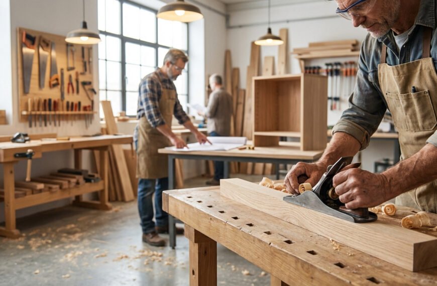 Menuisier rabotant du bois sur un établi, copeaux autour. D'autres artisans dans un atelier lumineux avec outils muraux.
