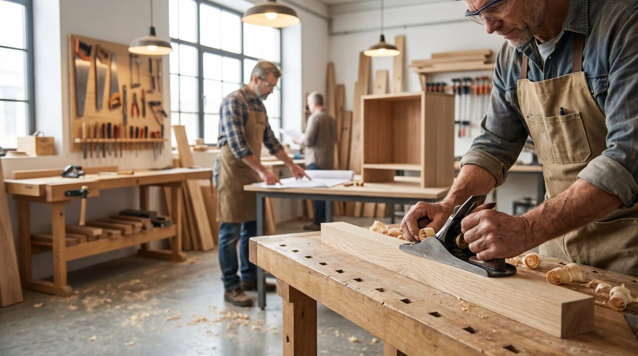 Menuisier rabotant du bois sur un établi, copeaux autour. D'autres artisans dans un atelier lumineux avec outils muraux.