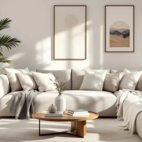 Un salon moderne avec un canapé sectionnel blanc, des coussins neutres, une table basse ronde en bois, une plante en pot et deux œuvres d'art minimalistes au mur. La lumière naturelle remplit l'espace.