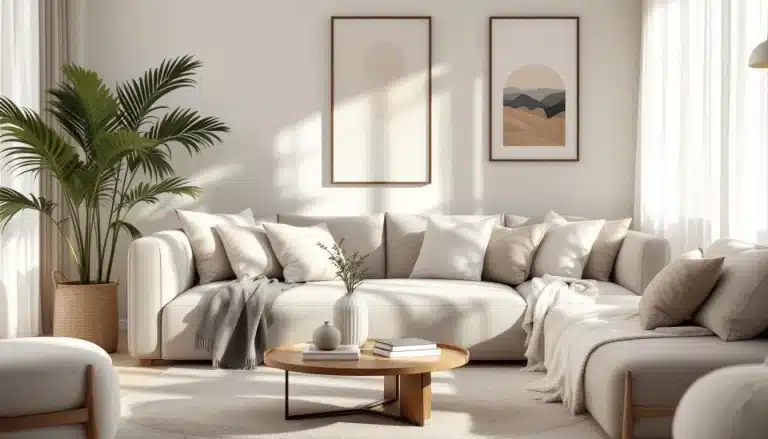 Un salon moderne avec un canapé sectionnel blanc, des coussins neutres, une table basse ronde en bois, une plante en pot et deux œuvres d'art minimalistes au mur. La lumière naturelle remplit l'espace.