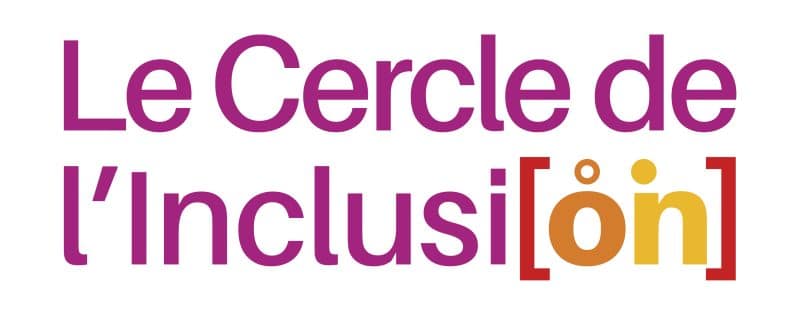 Logo avec le texte "Le Cercle de l'Inclusi[on]" en lettres dégradées violettes et orange, avec le "on" entre parenthèses et en lettres stylisées.