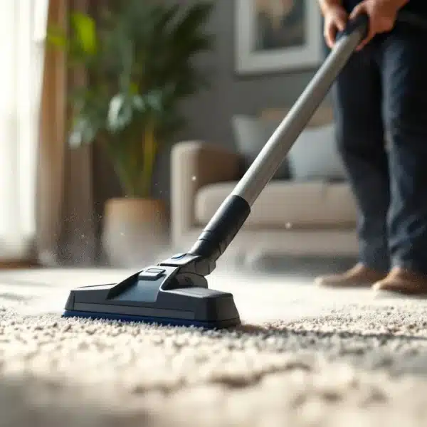 Une personne passe l'aspirateur sur un tapis dans un salon avec la lumière du soleil traversant les fenêtres et une plante verte en arrière plan.