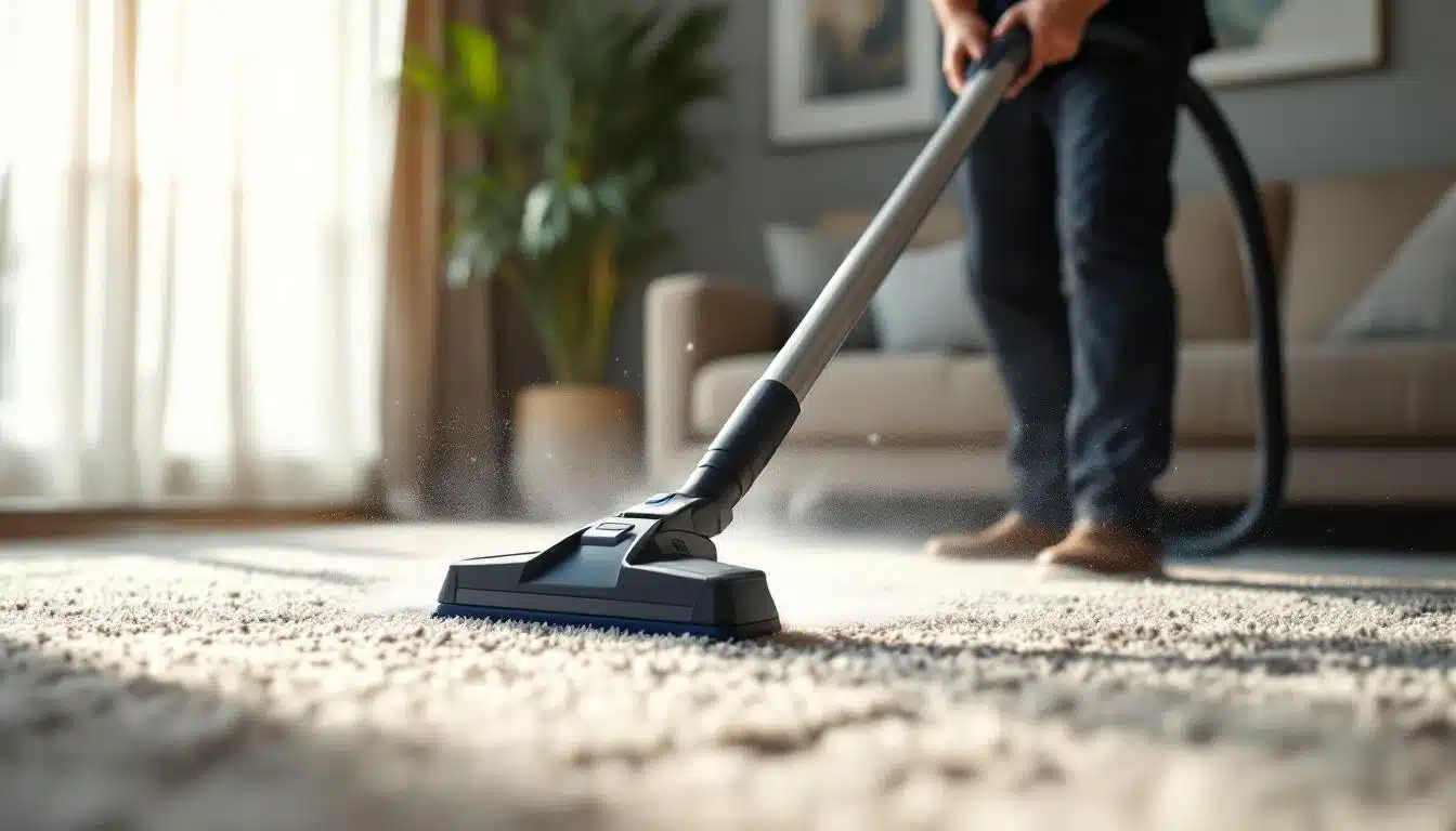 Une personne passe l'aspirateur sur un tapis dans un salon avec la lumière du soleil traversant les fenêtres et une plante verte en arrière plan.