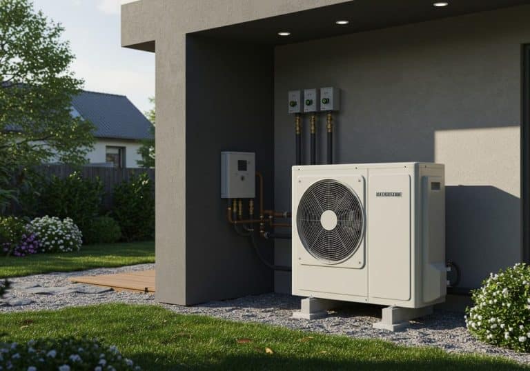 Unité de pompe à chaleur extérieure installée à côté d'une maison moderne, entourée d'une pelouse herbeuse, d'arbustes et de panneaux électriques fixés au mur.