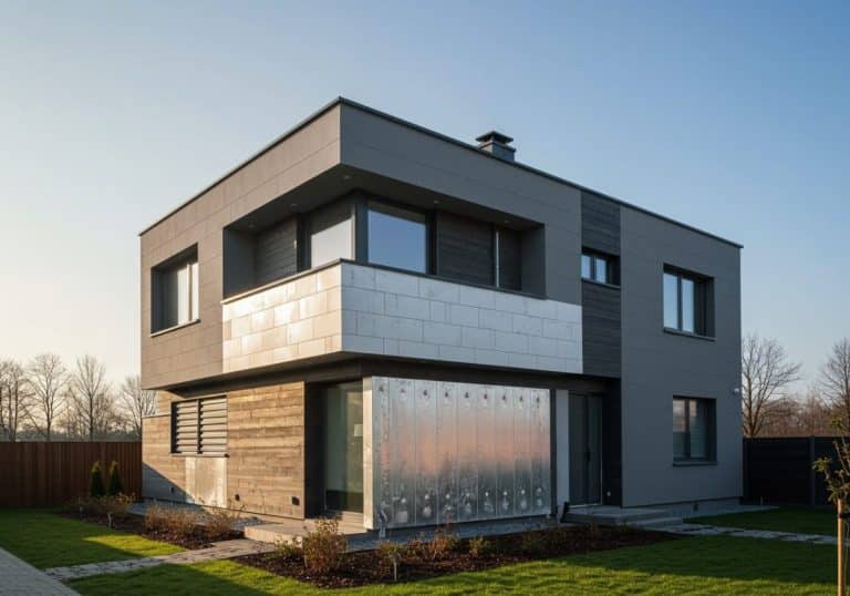 Maison moderne à deux étages avec toit plat, grandes fenêtres et un mélange de panneaux extérieurs gris, métalliques et en bois, située dans une cour paysagée sous un ciel clair.