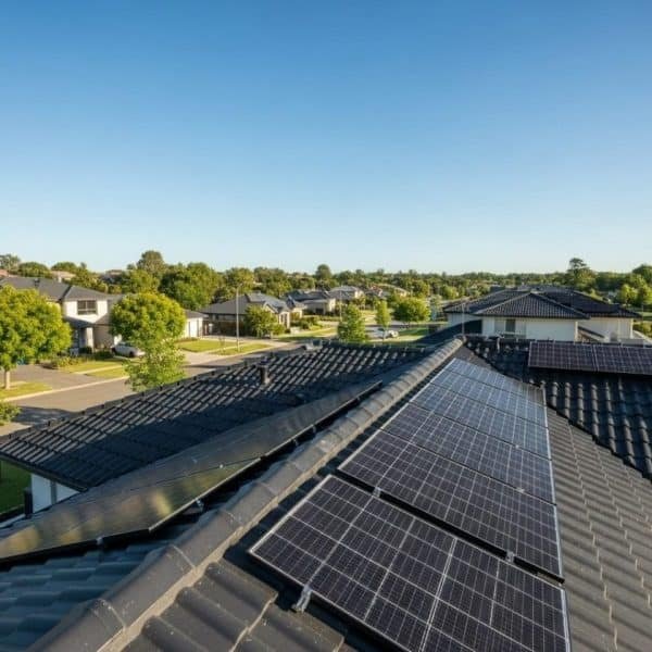 Panneaux solaires sur le toit de maisons modernes dans un quartier de banlieue, avec un ciel clair et des rues bordées d'arbres.