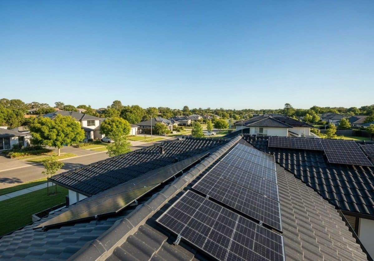 Panneaux solaires sur le toit de maisons modernes dans un quartier de banlieue, avec un ciel clair et des rues bordées d'arbres.