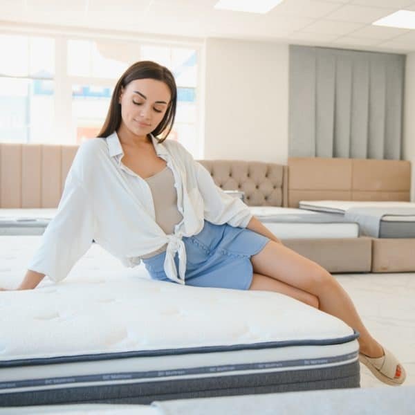 Une femme s'assoit sur le bord d'un matelas exposé dans une salle d'exposition de matelas lumineuse, pour en tester le confort.