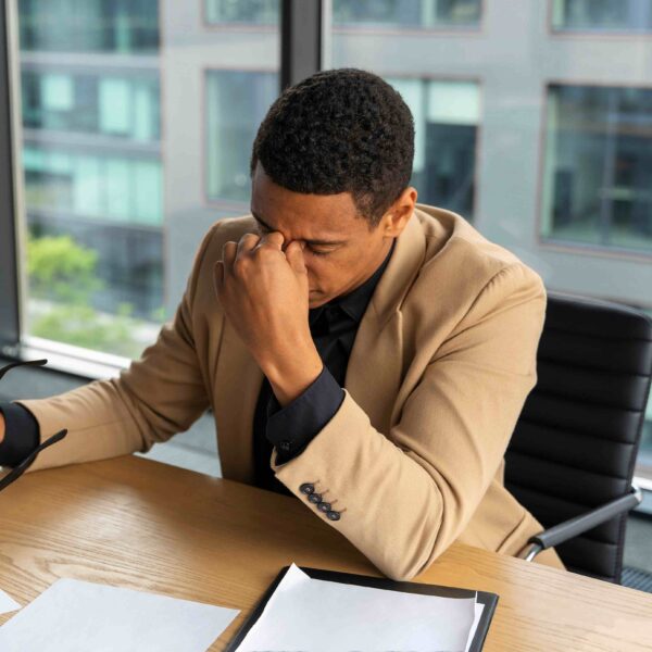 Un homme vêtu d'un blazer beige est assis à un bureau, tenant ses lunettes et se pinçant l'arête du nez, semblant stressé ou fatigué, avec des papiers et une tablette devant lui.