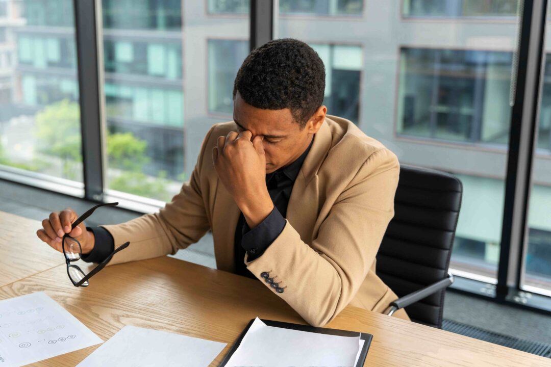 Un homme vêtu d'un blazer beige est assis à un bureau, tenant ses lunettes et se pinçant l'arête du nez, semblant stressé ou fatigué, avec des papiers et une tablette devant lui.