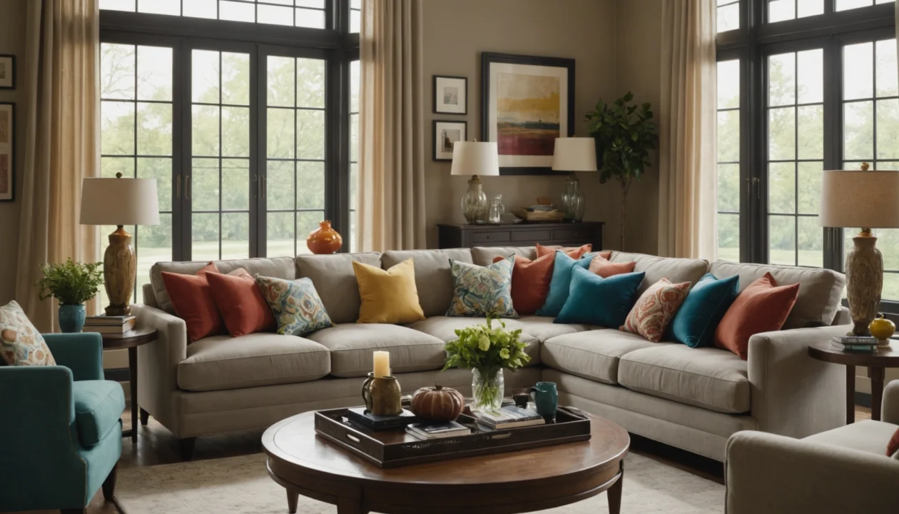 Un salon spacieux avec un grand canapé sectionnel beige, des coussins colorés, une table basse ronde en bois et de grandes fenêtres qui laissent entrer la lumière naturelle.