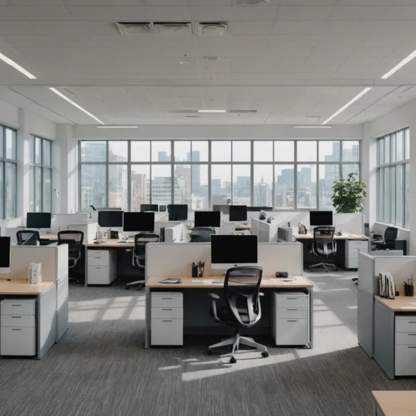 Un espace de bureau ouvert moderne avec des rangées de bureaux, de chaises, d'ordinateurs et de grandes fenêtres offrant une vue sur la ligne d'horizon de la ville en arrière-plan.